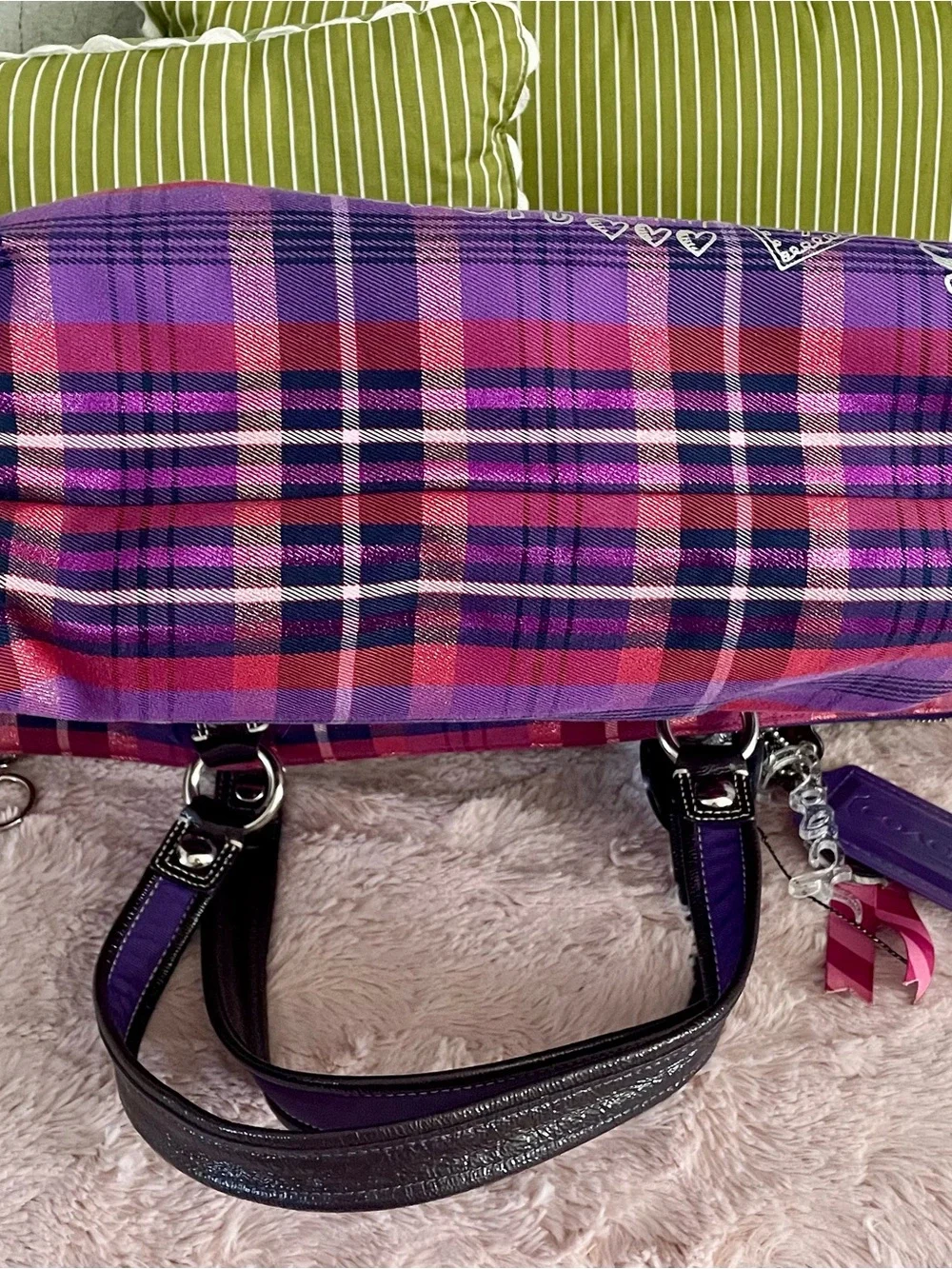 Women's Purple Plaid Tote Bag with Burgundy Trim